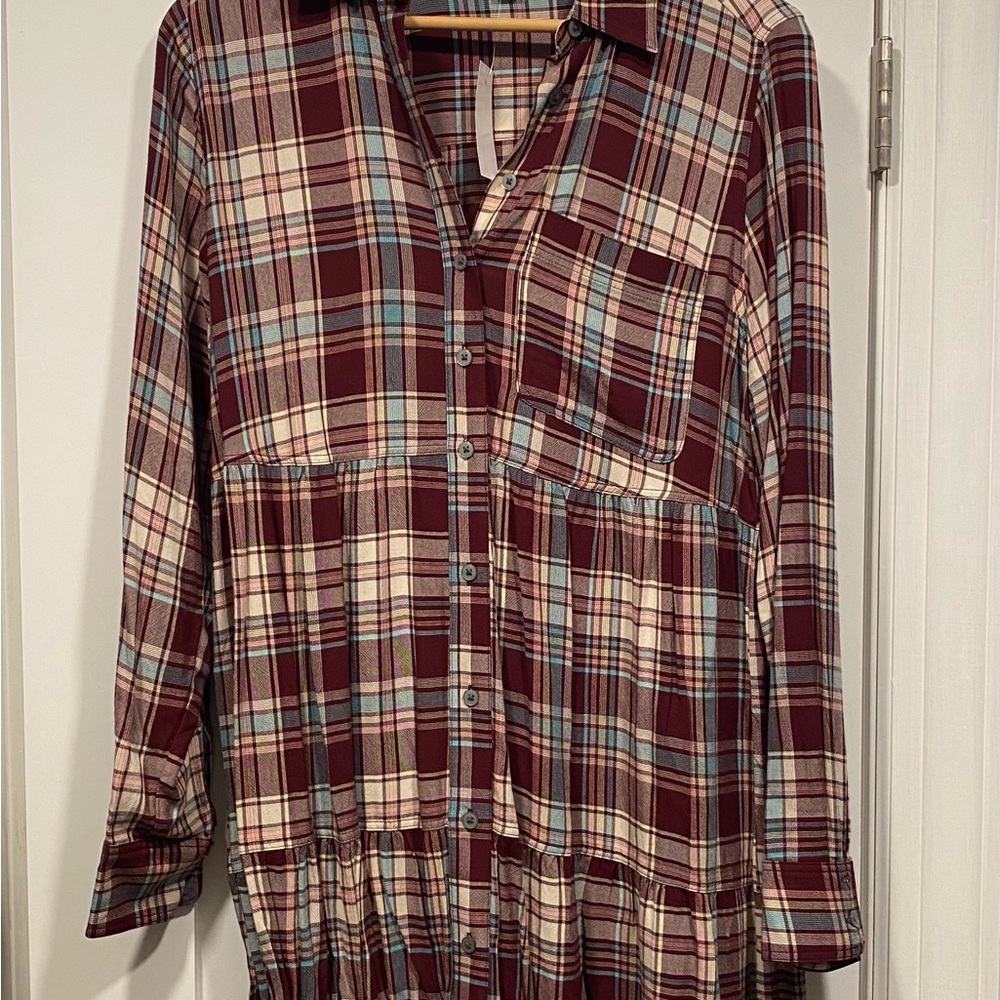LOFT Plaid Shirt Dress - Burgundy and Cream